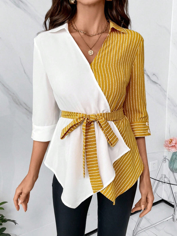 Clasi Camisa A Rayas Con Panel De Cinturon