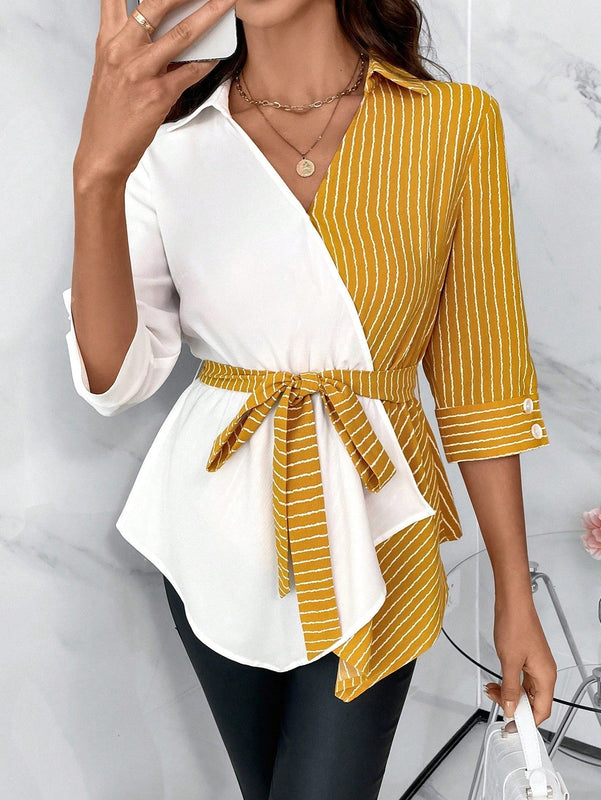 Clasi Camisa A Rayas Con Panel De Cinturon