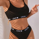 Conjunto De Brasier Y Ropa Interior Para Mujer Con Detalle De Tejido, Estampado De Letras Y Corazones