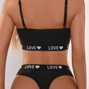 Conjunto De Brasier Y Ropa Interior Para Mujer Con Detalle De Tejido, Estampado De Letras Y Corazones