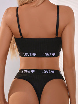 Conjunto De Brasier Y Ropa Interior Para Mujer Con Detalle De Tejido, Estampado De Letras Y Corazones