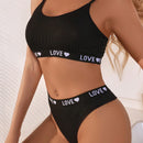 Conjunto De Brasier Y Ropa Interior Para Mujer Con Detalle De Tejido, Estampado De Letras Y Corazones