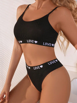 Conjunto De Brasier Y Ropa Interior Para Mujer Con Detalle De Tejido, Estampado De Letras Y Corazones