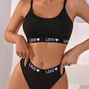 Conjunto De Brasier Y Ropa Interior Para Mujer Con Detalle De Tejido, Estampado De Letras Y Corazones