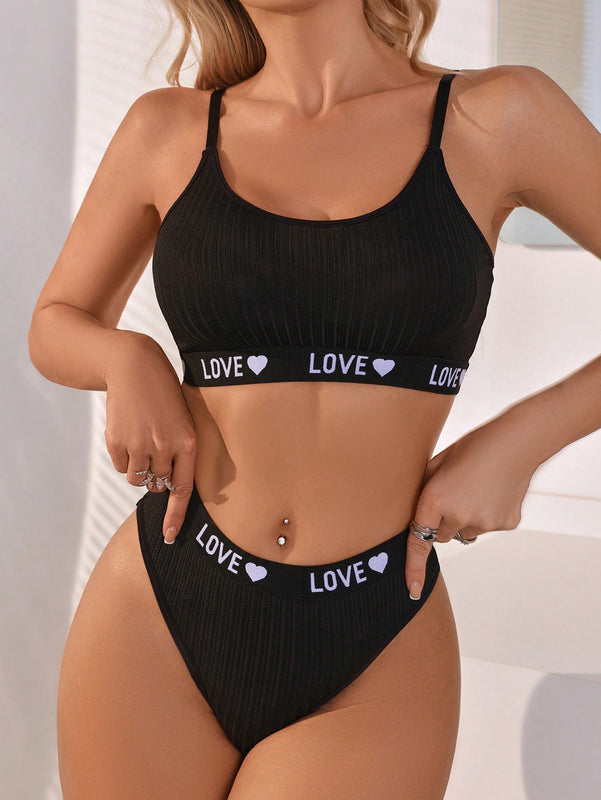Conjunto De Brasier Y Ropa Interior Para Mujer Con Detalle De Tejido, Estampado De Letras Y Corazones