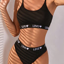 Conjunto De Brasier Y Ropa Interior Para Mujer Con Detalle De Tejido, Estampado De Letras Y Corazones