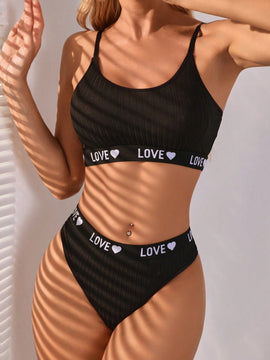 Conjunto De Brasier Y Ropa Interior Para Mujer Con Detalle De Tejido, Estampado De Letras Y Corazones