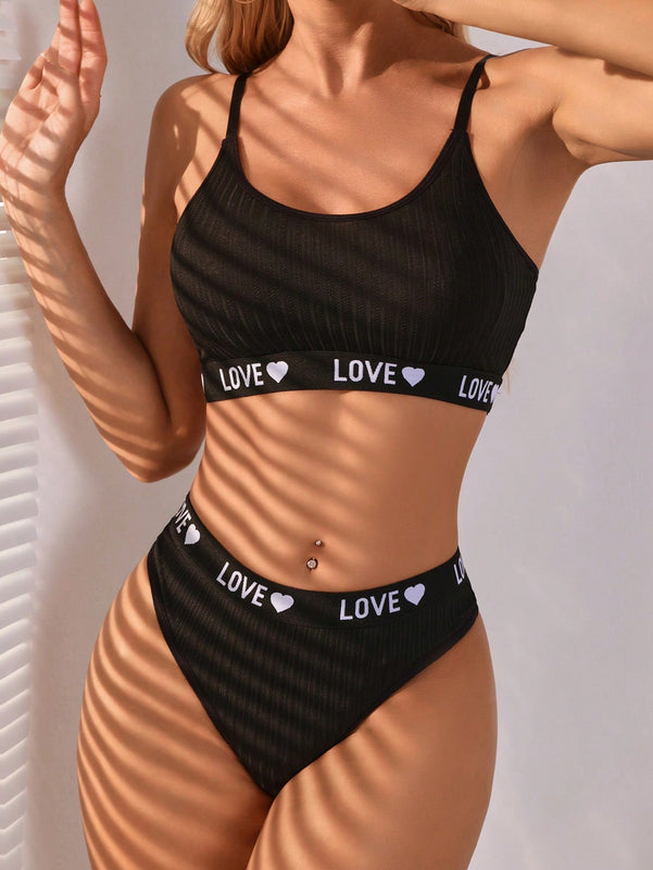 Conjunto De Brasier Y Ropa Interior Para Mujer Con Detalle De Tejido, Estampado De Letras Y Corazones