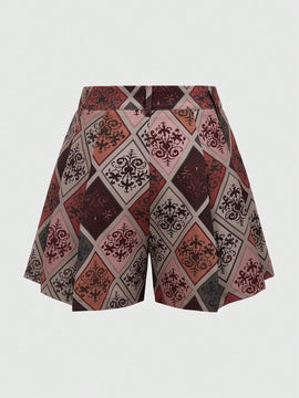 ROMWE Hippie Pantalones Cortos Plisados Con Diseno Floral Y De Cuadros Para Mujeres