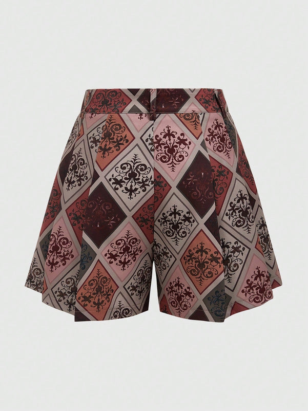 ROMWE Hippie Pantalones Cortos Plisados Con Diseno Floral Y De Cuadros Para Mujeres