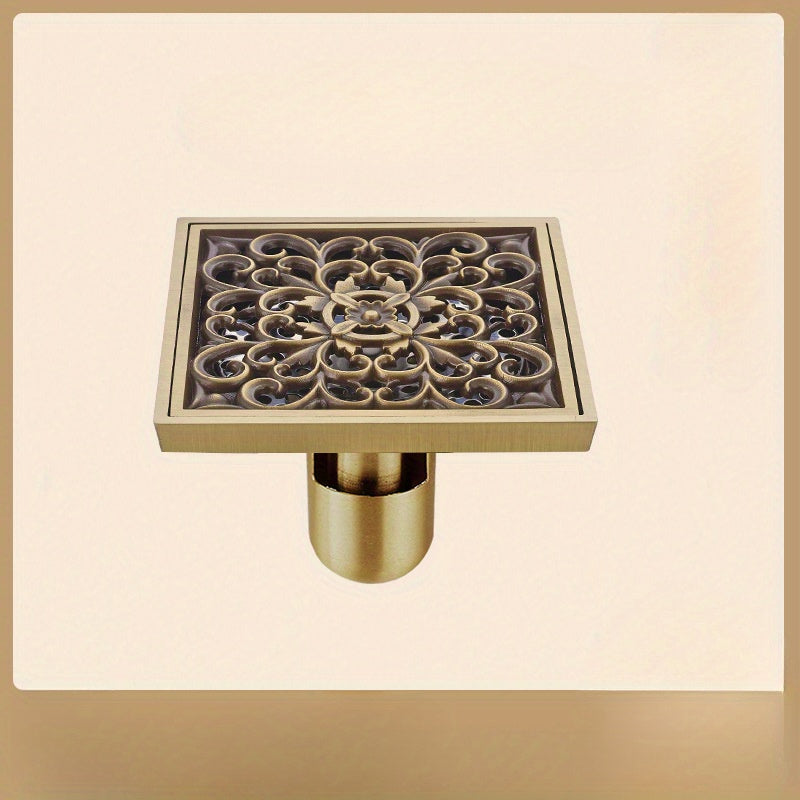 Desagüe de baño retro y antiguo tipo "T", con núcleo sellado al agua, 2 tipos, estilo europeo, cubierta antiodor completa en cobre, a prueba de insectos, diseño cuadrado con estampado de glicina