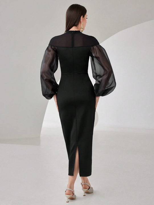 Modely Vestido de malla en contraste de manga farol con abertura trasera sin cinturon