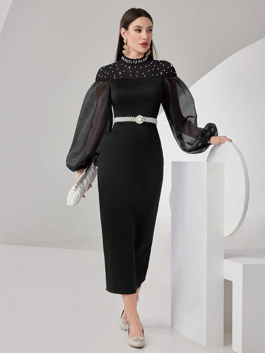 Modely Vestido de malla en contraste de manga farol con abertura trasera sin cinturon