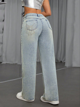 Pantalones Jeans Lavados Con Diseno De Mariposa De Pedreria