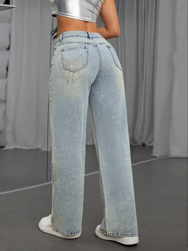 Pantalones Jeans Lavados Con Diseno De Mariposa De Pedreria