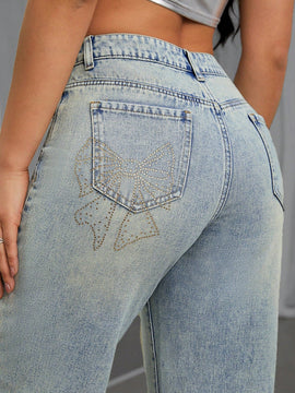 Pantalones Jeans Lavados Con Diseno De Mariposa De Pedreria