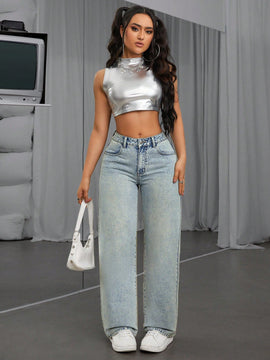 Pantalones Jeans Lavados Con Diseno De Mariposa De Pedreria