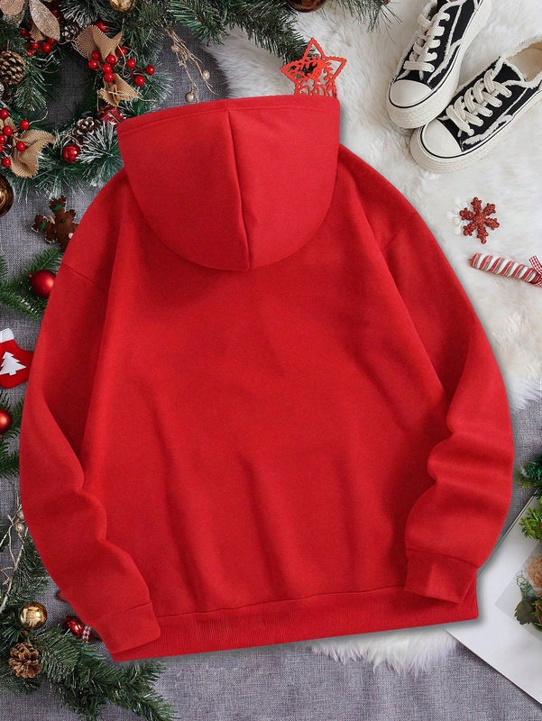 Ezwear sudadera con capucha de ajuste holgado y gruesa con estampado minimalista "feliz ano nuevo" de color rojo casual para mujer