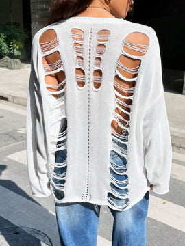 EZwear Sueter Con Panel Trasero Destrozado Y Mangas De Hombros Caidos