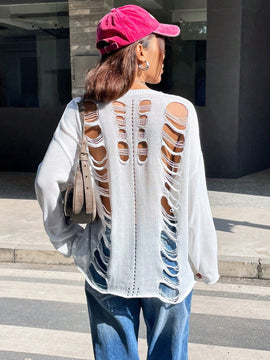 EZwear Sueter Con Panel Trasero Destrozado Y Mangas De Hombros Caidos