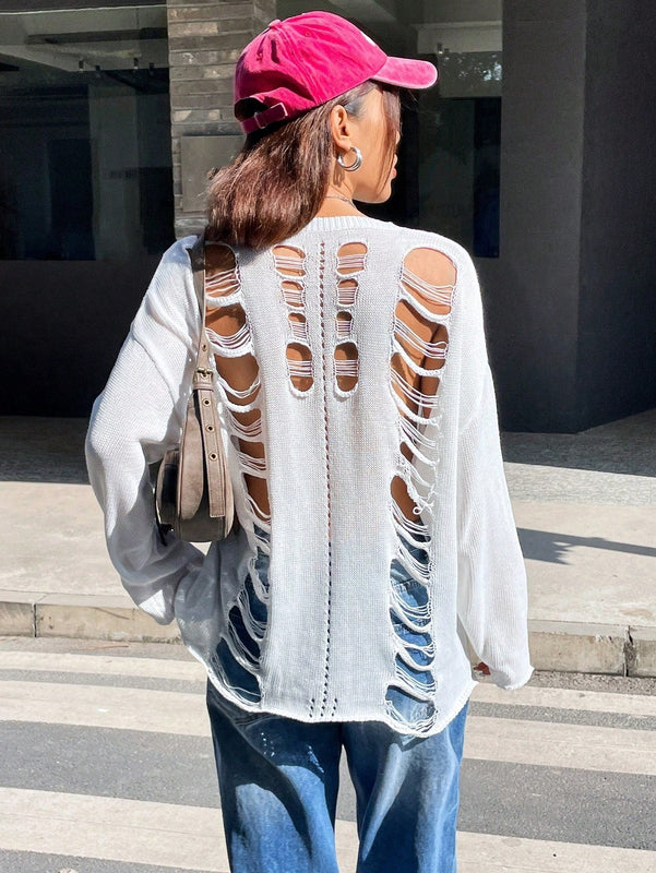 EZwear Sueter Con Panel Trasero Destrozado Y Mangas De Hombros Caidos