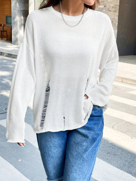 EZwear Sueter Con Panel Trasero Destrozado Y Mangas De Hombros Caidos