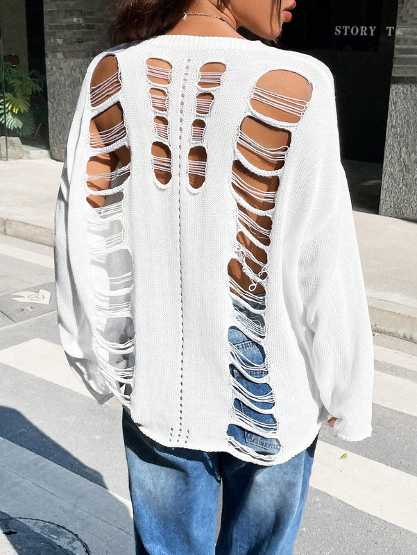 EZwear Sueter Con Panel Trasero Destrozado Y Mangas De Hombros Caidos