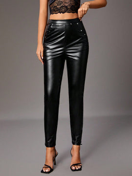 Tall Pantalones De PU De Cintura Alta Con Remaches Y Cuentas