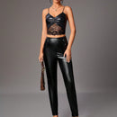 Tall Pantalones De PU De Cintura Alta Con Remaches Y Cuentas