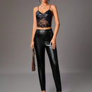Tall Pantalones De PU De Cintura Alta Con Remaches Y Cuentas