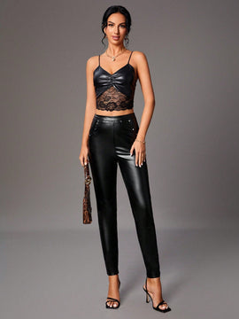 Tall Pantalones De PU De Cintura Alta Con Remaches Y Cuentas