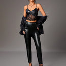 Tall Pantalones De PU De Cintura Alta Con Remaches Y Cuentas