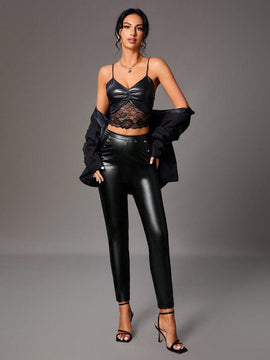Tall Pantalones De PU De Cintura Alta Con Remaches Y Cuentas