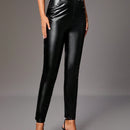 Tall Pantalones De PU De Cintura Alta Con Remaches Y Cuentas