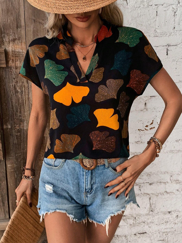 Camisa Con Manga De Murcielago Y Cuello Con Muesca Con Estampado De Hojas