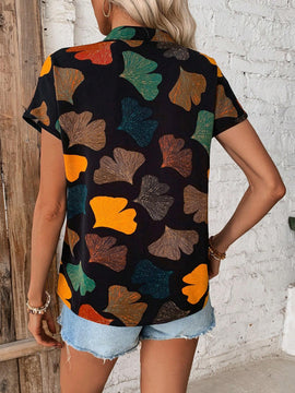 Camisa Con Manga De Murcielago Y Cuello Con Muesca Con Estampado De Hojas