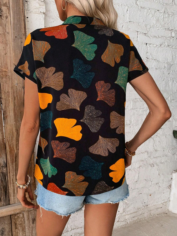 Camisa Con Manga De Murcielago Y Cuello Con Muesca Con Estampado De Hojas
