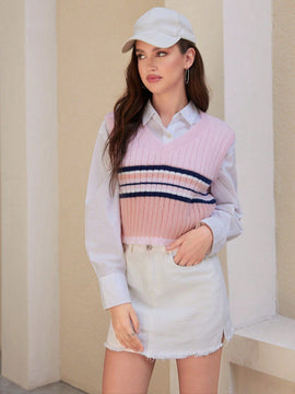 EZwear 1 Pieza Chaleco Tipo Sueter A Rayas Con Cuello En V