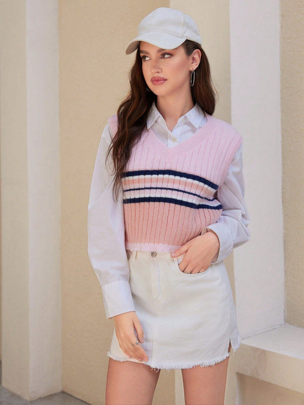 EZwear 1 Pieza Chaleco Tipo Sueter A Rayas Con Cuello En V