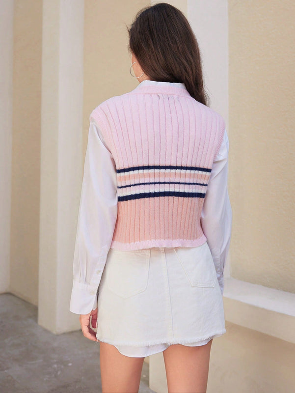 EZwear 1 Pieza Chaleco Tipo Sueter A Rayas Con Cuello En V
