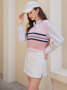 EZwear 1 Pieza Chaleco Tipo Sueter A Rayas Con Cuello En V