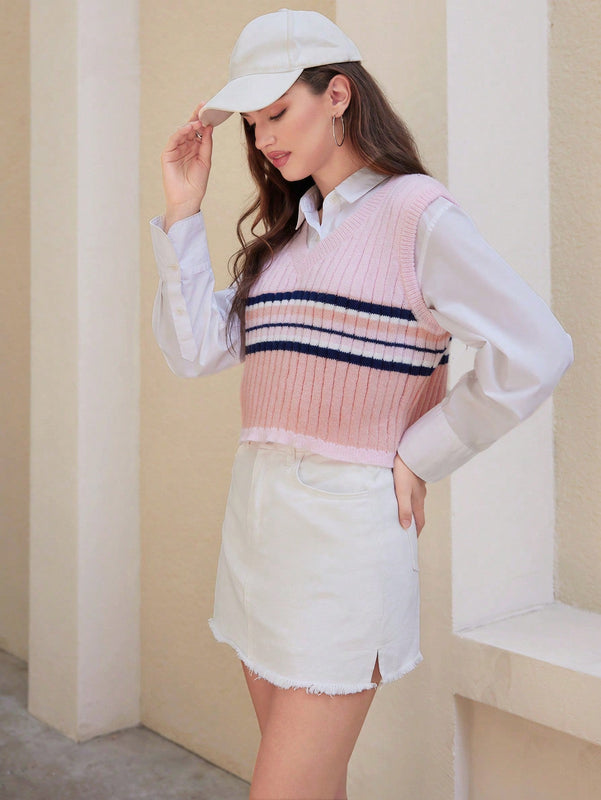 EZwear 1 Pieza Chaleco Tipo Sueter A Rayas Con Cuello En V