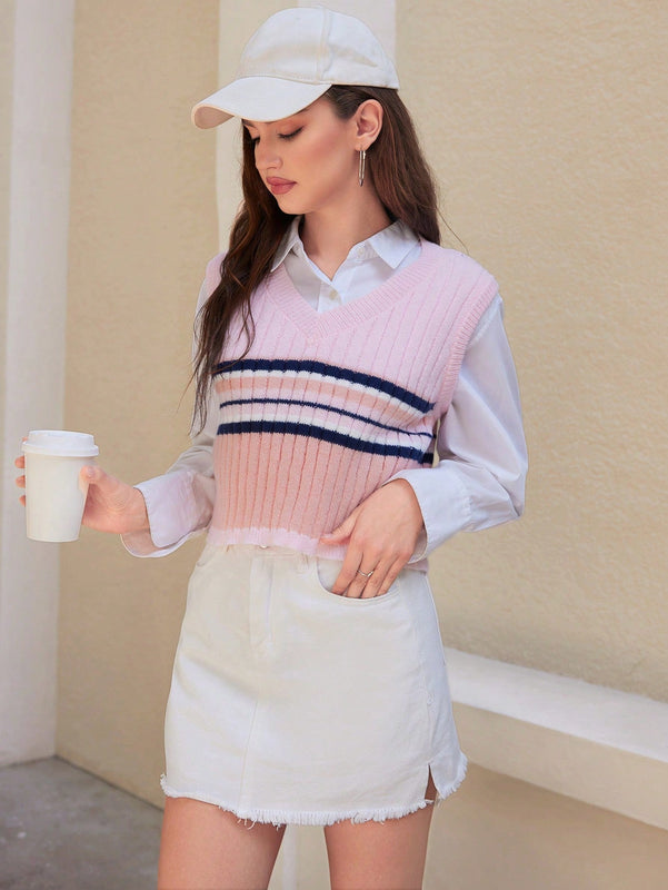 EZwear 1 Pieza Chaleco Tipo Sueter A Rayas Con Cuello En V