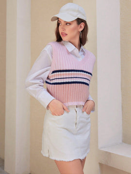 EZwear 1 Pieza Chaleco Tipo Sueter A Rayas Con Cuello En V