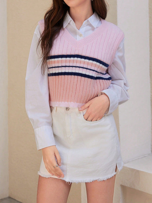 EZwear 1 Pieza Chaleco Tipo Sueter A Rayas Con Cuello En V