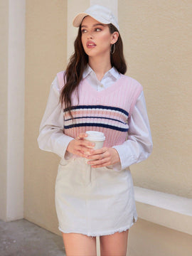 EZwear 1 Pieza Chaleco Tipo Sueter A Rayas Con Cuello En V