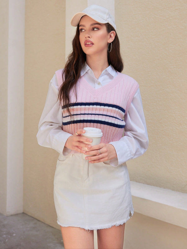EZwear 1 Pieza Chaleco Tipo Sueter A Rayas Con Cuello En V