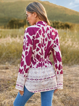 LUNE Camisa De Patchwork Estampada Con Cuello Con Muescas Y Dobladillo Curvo Para Mujer