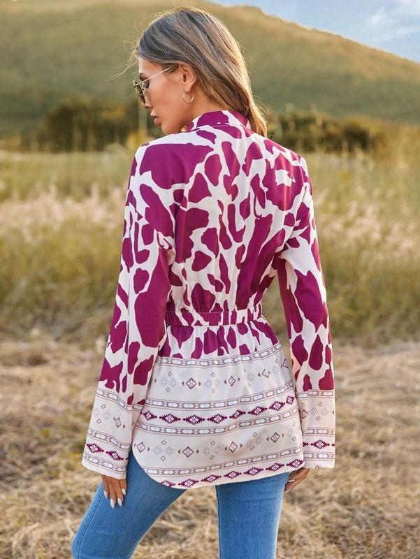 LUNE Camisa De Patchwork Estampada Con Cuello Con Muescas Y Dobladillo Curvo Para Mujer