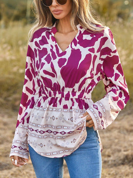LUNE Camisa De Patchwork Estampada Con Cuello Con Muescas Y Dobladillo Curvo Para Mujer